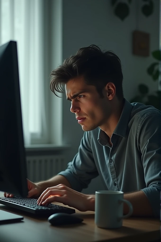 Frustrated young man in front of computer 
