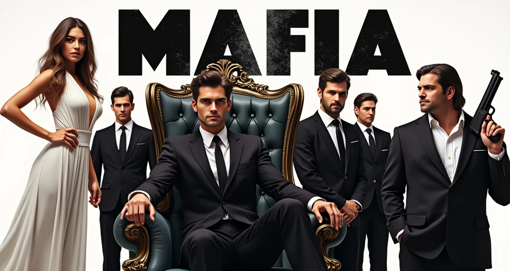 A striking and powerful movie poster featuring a young, handsome Mafia Boss exuding confidence as he sits in a luxurious boss chair. He is impeccably dressed in a stylish, tailored suit. Behind him stands a beautiful woman, elegantly dressed, embodying grace and poise. Next to her, there is a second version of the Mafia Boss dressed in simple, unassuming clothes, adding an intriguing contrast.
The background is a lavish bungalow with an opulent design, hinting at the Mafia Boss's hidden empire. Surrounding the bungalow are several men, all dressed in black suits, holding guns firmly in their hands, creating a sense of dominance and authority. The overall atmosphere is intense and dramatic, with a mix of luxury and power, setting the tone for a thrilling narrative.