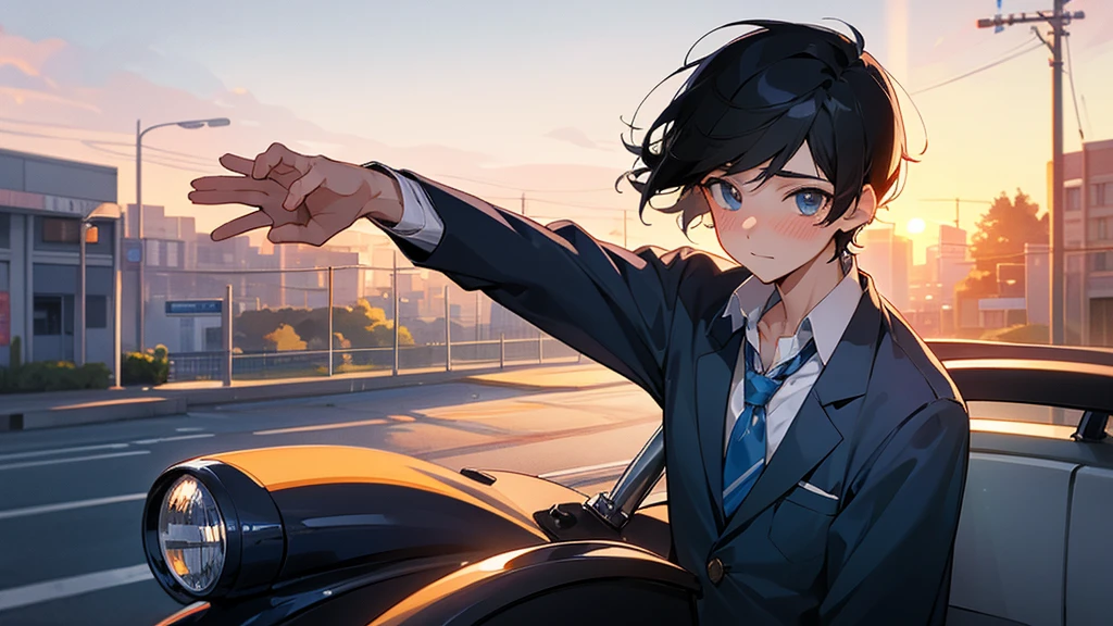A very cool high school boy in a school uniform、Black Hair、Short Hair、Blue sparkling eyes、On the way home from school, you can see the sunset、blush、One person、solo、Retro anime style