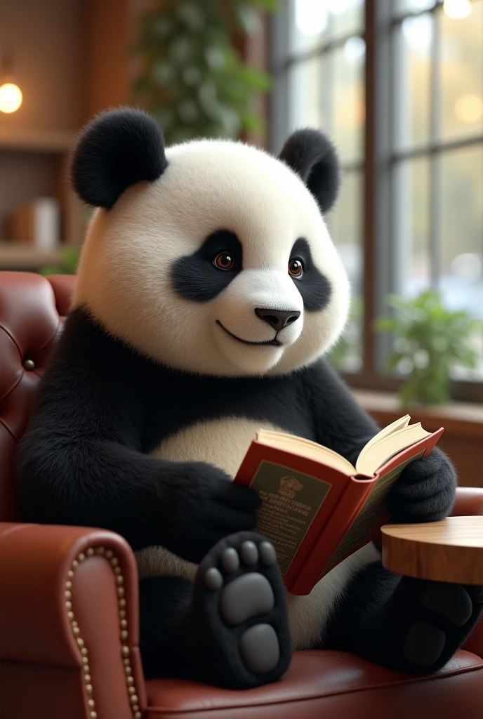 Draw a semi realistic panda, Pleasant and thoughtful look while comfortably reading a book in a cafe.