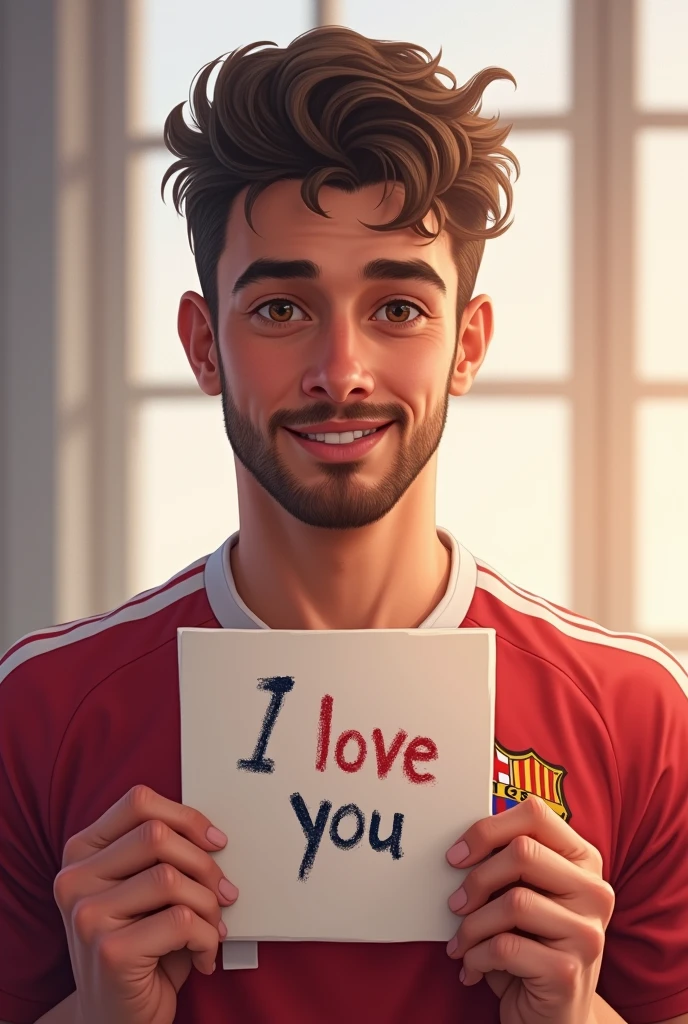 An image of the player Pedri holding a card that says I love you