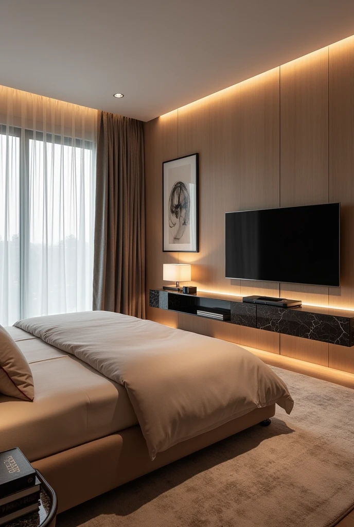 A modern and luxurious room with a warm and elegant design. The room has a large bed with bedding and pillows in neutral and beige tones.. The headboard is padded, and the wall behind it has wood paneling with subtle lighting, creating a cozy atmosphere. There is a stylish bedside table with a lamp and books. On the opposite wall, a flat screen TV is mounted above a floating console with a dark marble top. The room is decorated with minimalist art on the walls, modern furniture and floor-to-ceiling curtains that let in natural light. The color palette includes soft shades of brown, gray and earthy