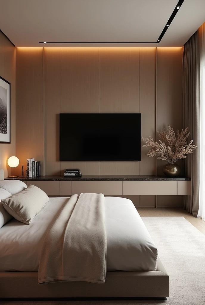 A modern and luxurious room with a warm and elegant design. The room has a large bed with bedding and pillows in neutral and beige tones.. The headboard is padded, and the wall behind it has wood paneling with subtle lighting, creating a cozy atmosphere. There is a stylish bedside table with a lamp and books. On the opposite wall, a flat screen TV is mounted above a floating console with a dark marble top. The room is decorated with minimalist art on the walls, modern furniture and floor-to-ceiling curtains that let in natural light. The color palette includes soft shades of brown, gray and earthy