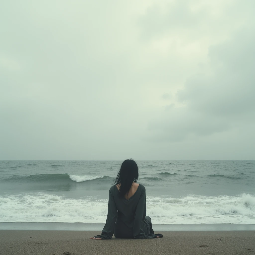 Distant woman in the distance sitting on the sand admiring the immensity of the ocean, surf , arena, costa, clouds, cloudy, winds, loneliness, melancholia, sadness, Photography, Realism, ogic camera effect, masterpiece, perfect composition, black and white