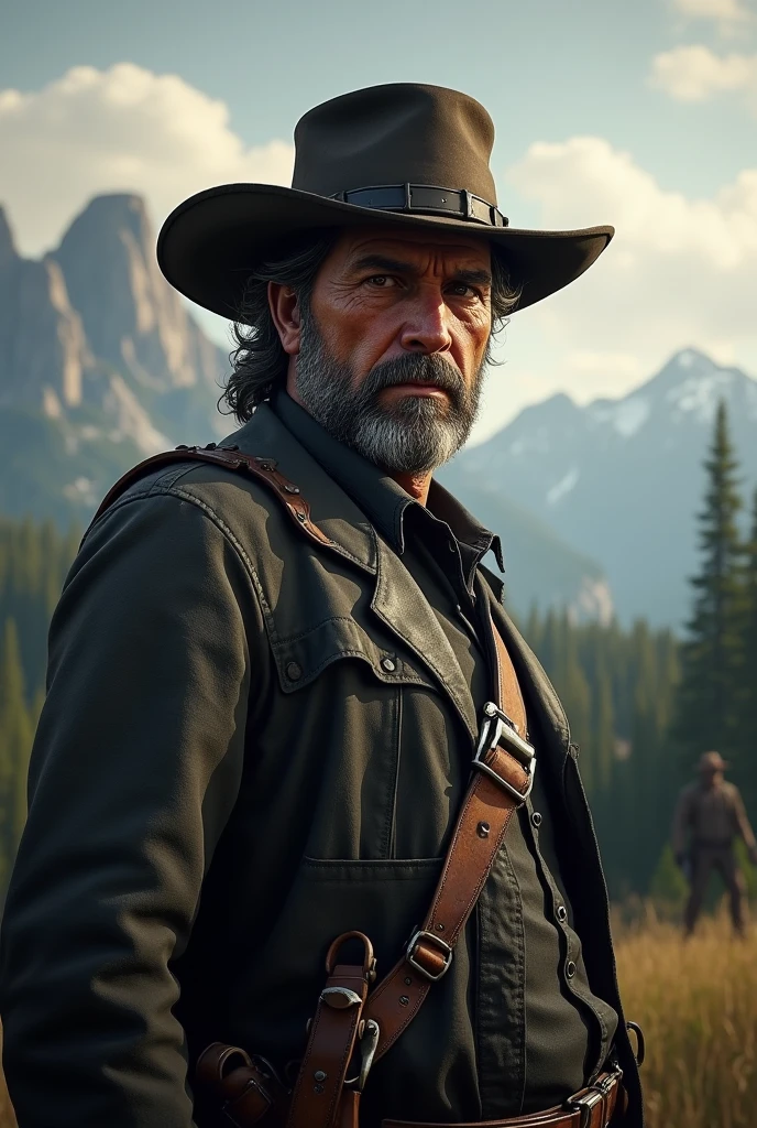 I want an image of Arthur Morgan from red dead redemption 2 that is more realistic with a landscape behind him 
