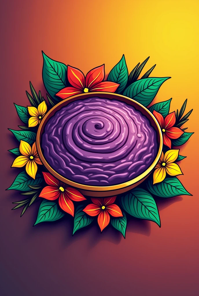 A logo where there is a deep plate with purple porridge with Jamaican flowers that says Jamaican porridge