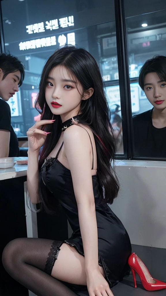 (high quality), (SFW), (vertical split screen:1.6), (Various scans:1.5), (A middle-aged Korean man enjoying a smartphone chat app with a young, gorgeous Korean prostitute.. : 1.6), (A man is looking at his smartphone and enjoying chatting with a woman from a distance.:1.4), (The prostitute has her colorfully dyed hair pulled to one side and pretty face makeup... : 1.4), (She is a prostitute wearing a feminine dress, Stockings and sticky high heels that seduce men.:1.3), her instagram feed, her daily life, her account, Her smartphone screen shows her followers and numerous perverted Korean men chatting with her.., Chat language is English., The man is waiting for her answer, Each pop-up window is displayed..., chat history, Online Profiles and Photos, And the man asks her to chat on the smartphone screen.... He and she take turns messaging on a chat app..., her time is night,