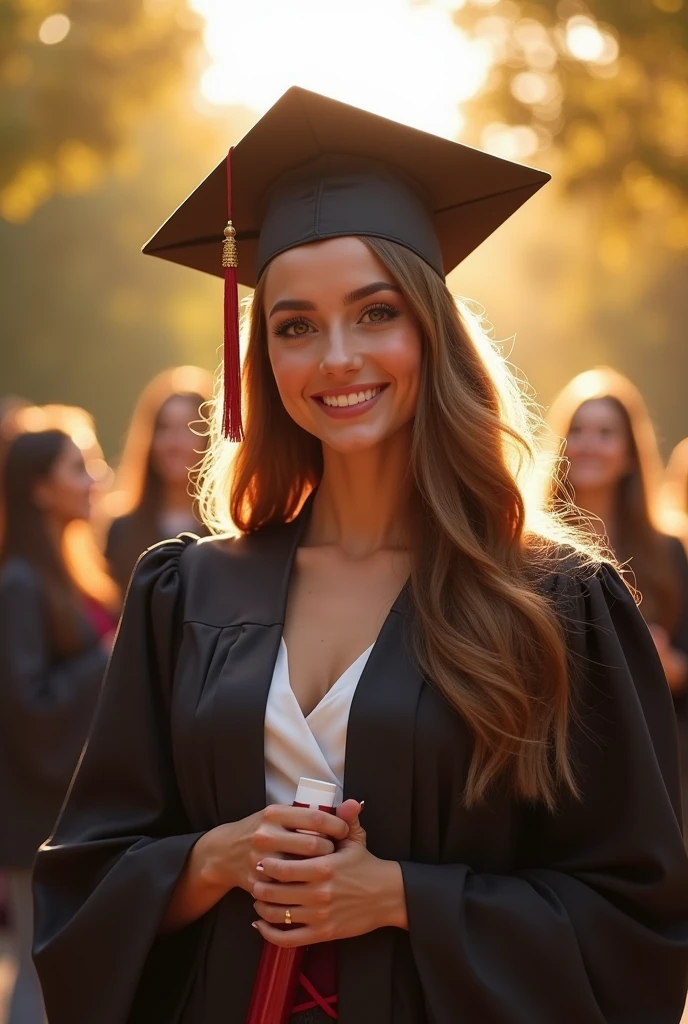 a beautiful young woman with a confident expression, wearing a graduation gown and mortarboard, holding a diploma, surrounded by a vibrant college campus scene with students celebrating, sunlight streaming through trees, (best quality,4k,8k,highres,masterpiece:1.2),ultra-detailed,(realistic,photorealistic,photo-realistic:1.37),award-winning portrait, intricate details, warm lighting, cinematic composition,highly detailed,cheerful,inspirational,vibrant colors,detailed facial features