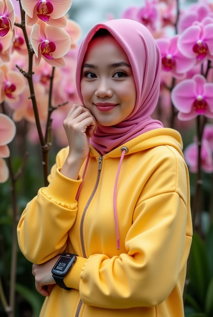 a beautiful Indonesian woman, smooth white skin, well-groomed face,wearing orange hijab, panjang, slow motion,wearing a yellow knitted hoodie with the name Santi logo . celana kargo hitam slow motion Banyak kantong nya,black watch, posing standing next to a beautiful and profusely blooming yellow purple orchid. The background of the beautiful orchid flower garden is very amazing .Realistic original photo 