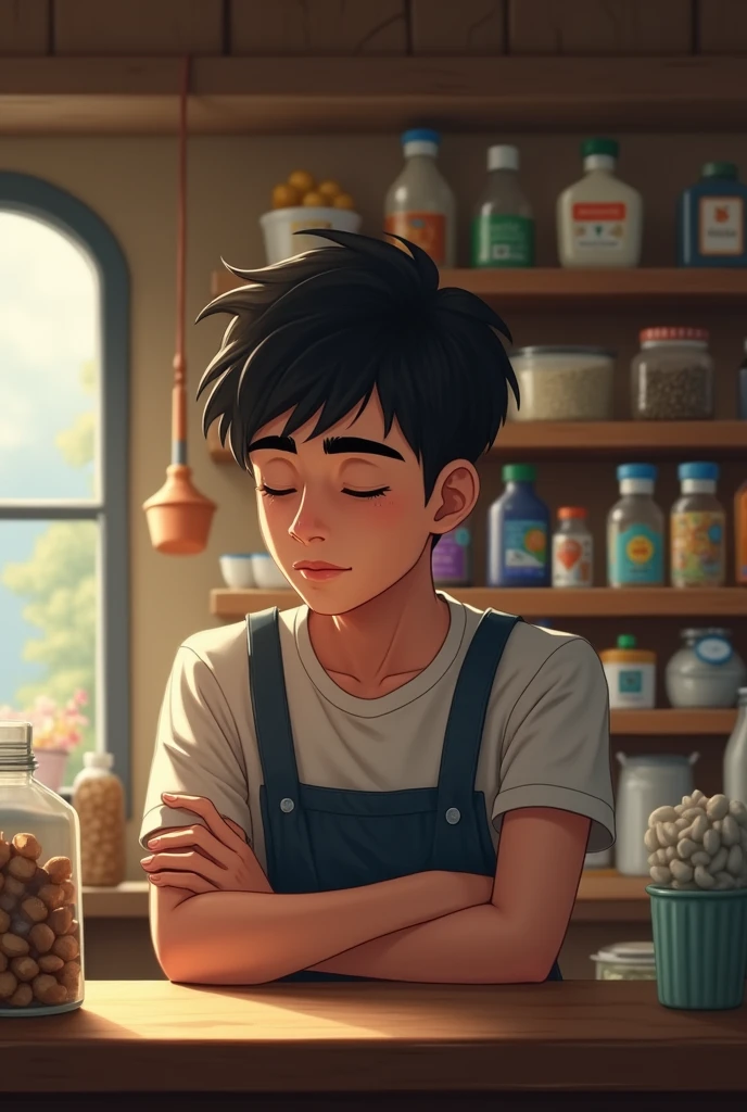 Create a young looking man with sad face working in a store make it as realistic as possible