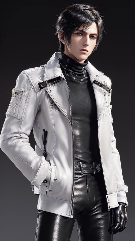 ((Final fantasy taste and reality graphics)), ((Japanese young cute and cool ikemen boy)), his age is early 20s, thin eyebrows and beady eyes, ((((he wearing white color leather very thick single-brest jacket)))),((((leather jacket is smooth luster and shiny)))), ((jacket with epaulet)), ((leather jacket close all zippers)),, ,(( jacket collar is very high length stand-up collar with belts)), , (((also wearing black color turtleneck polyester shirts))), (((tight black and leather pants))), ((((black leather tight and thin glove)))), ((black color leather knee-high raceup boots)),head-to-toe, whole body, boy looks like fashion model,Do not show skin from the neck down,(((all his clothes are smooth design and very shining))),(((Avoid adding unnecessary decorations to your clothes))),(((all clothes is simple design and appearance))),(((don't wear jewelry on all clothes)))