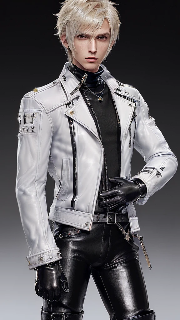 Final fantasy taste and reality graphics, Japanese young cute and cool ikemen boy, his age is early 20s, thin eyebrows and beady eyes, he wearing off white color leather very thick jacket, jacket is singlebrest biker style jacket, with epaulet, jacket is long sleeve, must close the front of the leather jacket, jacket is biker style, jacket is voluminous, , jacket is high length stand-up collar with two belts, jacket is a little black color line pattern,close the front of the jacket, also wearing black very thick turtleneck lackluster shirts, tight black leather pants, shiny black leather tight and thin glove, black leather knee-high raceup boots,must views head-to-toe,must views whole body, boy looks like fashion model,Do not show skin from the neck down,leather jacket leather glove and leather pants have few wrinkles,boy in the room,