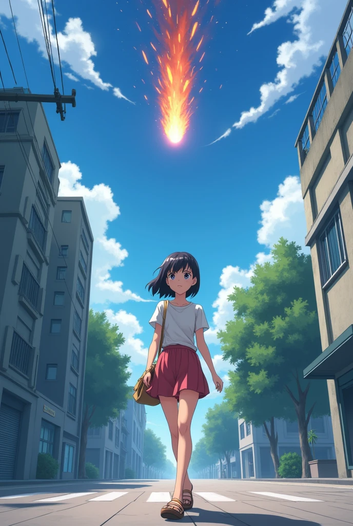 Short haired anime girl walking normally when a meteorite falls on her