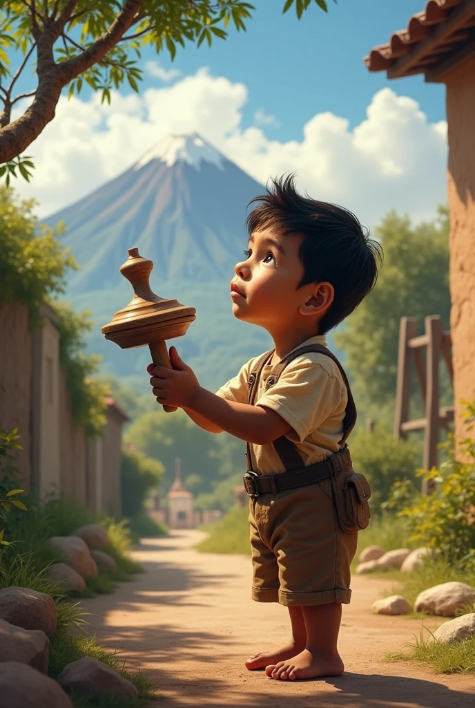 Pedro Paulet, about , It is in a backyard in Arequipa. He plays with a wooden top while looking at the sky with curiosity. The mountains and the Misti volcano can be seen in the distance. Pedro is dressed in simple clothes of the time, and around him, The atmosphere is rural and quiet.