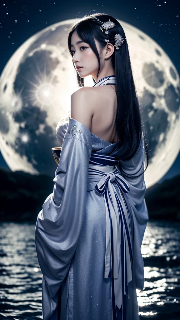 **Prompt:** Create an ultra-realistic 8K resolution image of Tsukuyomi, the Japanese moon god from Shinto mythology, reimagined as a majestic and serene female figure while retaining the deity's iconic features. Tsukuyomi now has long, flowing silver hair that cascades down her back, shimmering like moonlight. Her eyes are a deep, glowing silver, reflecting the calm and ethereal nature of the night. Her expression is gentle and serene, yet with a touch of mystery as she gazes towards the heavens.

She is dressed in a beautifully detailed traditional Japanese kimono, adorned with patterns of the moon and stars, in shades of deep blue, silver, and white. The kimono flows elegantly around her, giving the impression of floating in a celestial realm. Tsukuyomi holds a delicate, ornate staff, topped with a crescent moon, symbolizing her dominion over the night.

The background features a stunning full moon illuminating a serene, night-time landscape with gentle waves reflecting the moonlight. The scene captures the divine and timeless essence of Tsukuyomi as a revered moon goddess, blending her celestial power with the graceful beauty of a female form.