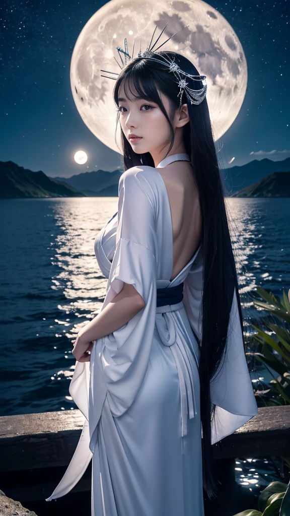 **Prompt:** Create an ultra-realistic 8K resolution image of Tsukuyomi, the Japanese moon god from Shinto mythology, reimagined as a majestic and serene female figure while retaining the deity's iconic features. Tsukuyomi now has long, flowing silver hair that cascades down her back, shimmering like moonlight. Her eyes are a deep, glowing silver, reflecting the calm and ethereal nature of the night. Her expression is gentle and serene, yet with a touch of mystery as she gazes towards the heavens.

She is dressed in a beautifully detailed traditional Japanese kimono, adorned with patterns of the moon and stars, in shades of deep blue, silver, and white. The kimono flows elegantly around her, giving the impression of floating in a celestial realm. Tsukuyomi holds a delicate, ornate staff, topped with a crescent moon, symbolizing her dominion over the night.

The background features a stunning full moon illuminating a serene, night-time landscape with gentle waves reflecting the moonlight. The scene captures the divine and timeless essence of Tsukuyomi as a revered moon goddess, blending her celestial power with the graceful beauty of a female form.