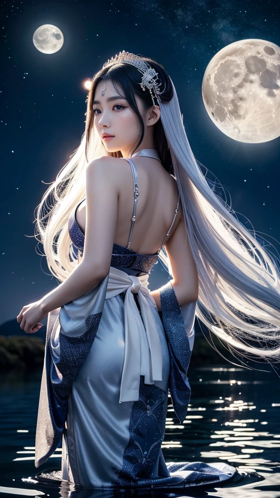 **Prompt:** Create an ultra-realistic 8K resolution image of Tsukuyomi, the Japanese moon god from Shinto mythology, reimagined as a majestic and serene female figure while retaining the deity's iconic features. Tsukuyomi now has long, flowing silver hair that cascades down her back, shimmering like moonlight. Her eyes are a deep, glowing silver, reflecting the calm and ethereal nature of the night. Her expression is gentle and serene, yet with a touch of mystery as she gazes towards the heavens.

She is dressed in a beautifully detailed traditional Japanese kimono, adorned with patterns of the moon and stars, in shades of deep blue, silver, and white. The kimono flows elegantly around her, giving the impression of floating in a celestial realm. Tsukuyomi holds a delicate, ornate staff, topped with a crescent moon, symbolizing her dominion over the night.

The background features a stunning full moon illuminating a serene, night-time landscape with gentle waves reflecting the moonlight. The scene captures the divine and timeless essence of Tsukuyomi as a revered moon goddess, blending her celestial power with the graceful beauty of a female form.