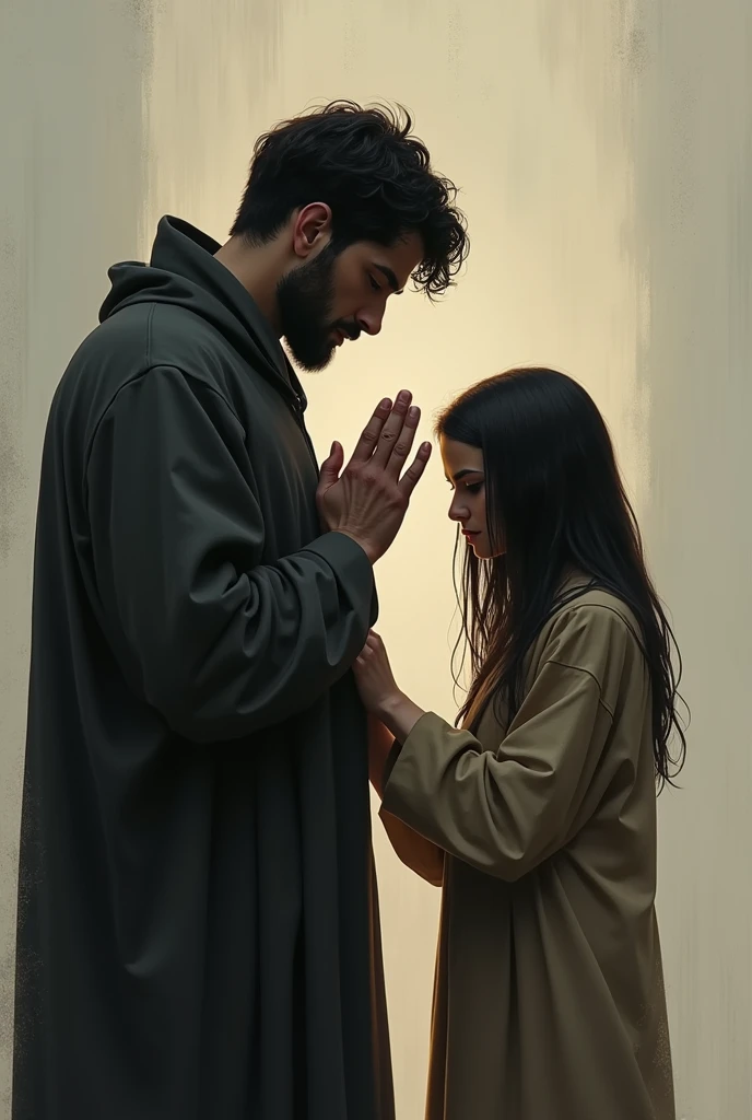 The father who seems to be praying but his hands are not raised, her eyes are closed, mother looked at father's face with a gloomy face and held father's hand