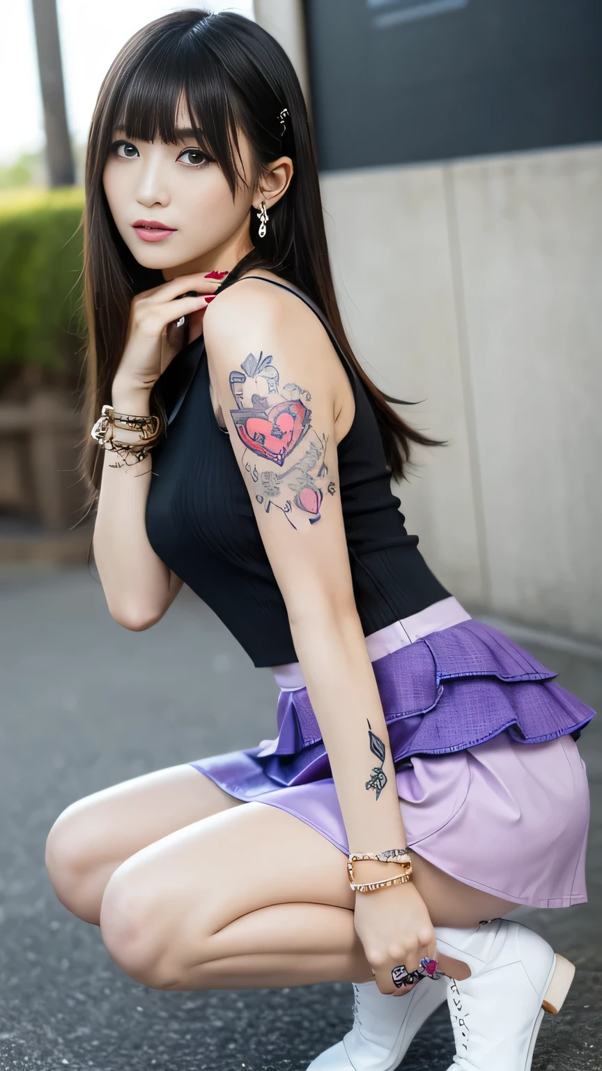 Gal clothes( Highest quality, 8k, masterpiece, RAW Photos: 1.3),mysterious, Beautiful Japanese Women, Young Japanese women,Trained and toned body、 (Highlight Color Hair,pink、blonde、5 ear piercings、necklace、Roman alphabet tattoo on arm、 Straight long hair, Layered Haircut), Earrings, Many thin bracelets, whole body, Squat on the ground in a crab-legged position, Super detailed, Intricate details, Highly detailed face and skin tones, (body whole body tattoo, whole bodyに入れ墨), Beautiful Eyes, Realistic, Fascinating, Beautiful posture、Always wear a skirt、Sexy Dynamite、Crouched down and staring at you.、Heavy makeup、Eyeshadow purple、Perfect Proportions、Glare、Harajuku Style、Yankee sister、Flashy accessories、Gal clothesコーディネート