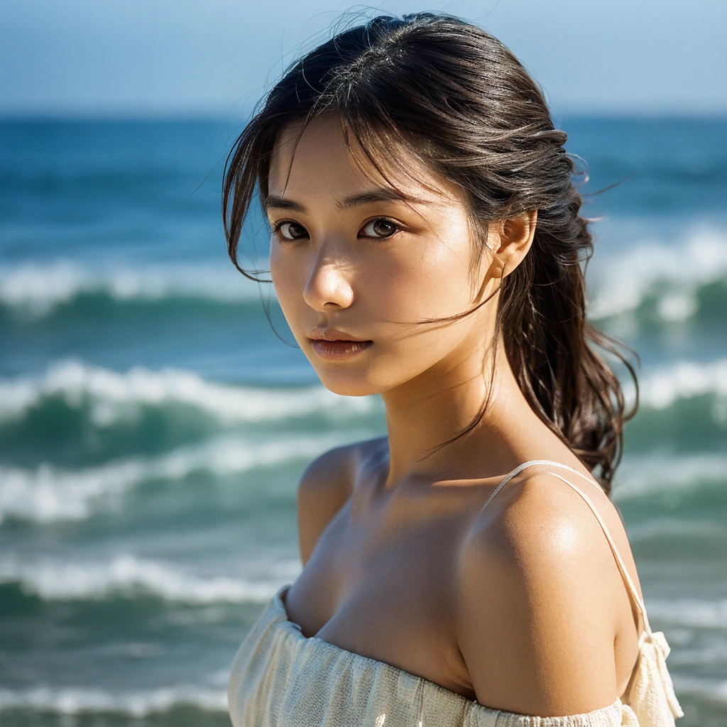 A hyper-realistic image of a single Japanese woman in her early 20s, captured with the nostalgic warmth and pronounced graininess of a film camera, showing her from the shoulders up as she stands on a sunlit beach. Her skin has a warm beige tone with a natural, visibly rough texture that includes pronounced pores, fine lines, and subtle imperfections such as small blemishes, slight unevenness, and a hint of sun exposure, contributing to the authenticity of her appearance. The texture of her skin is intentionally less smooth, with a tangible roughness that enhances the realism, making the surface appear slightly weathered by the elements. The soft, diffused natural light illuminates her face and shoulders with a gentle touch, casting shadows that subtly reveal the unevenness of her skin. Her straight, glossy black hair flows naturally in the ocean breeze, framing her face, and her deep brown eyes reflect the soft sunlight and the shimmering sea. The film camera effect amplifies the grain and texture, creating a warm, nostalgic atmosphere while maintaining the deliberately rougher, less polished texture of her skin. The composition, focused on her upper body, captures the serene elegance of the beach setting, highlighting the natural interaction of light and shadow on her skin. This combination of a rough, realistic skin texture, soft natural light, and the grainy film-like qualities ensures that the image presents an authentic, lifelike portrayal of the woman, centered on her face and shoulders.
