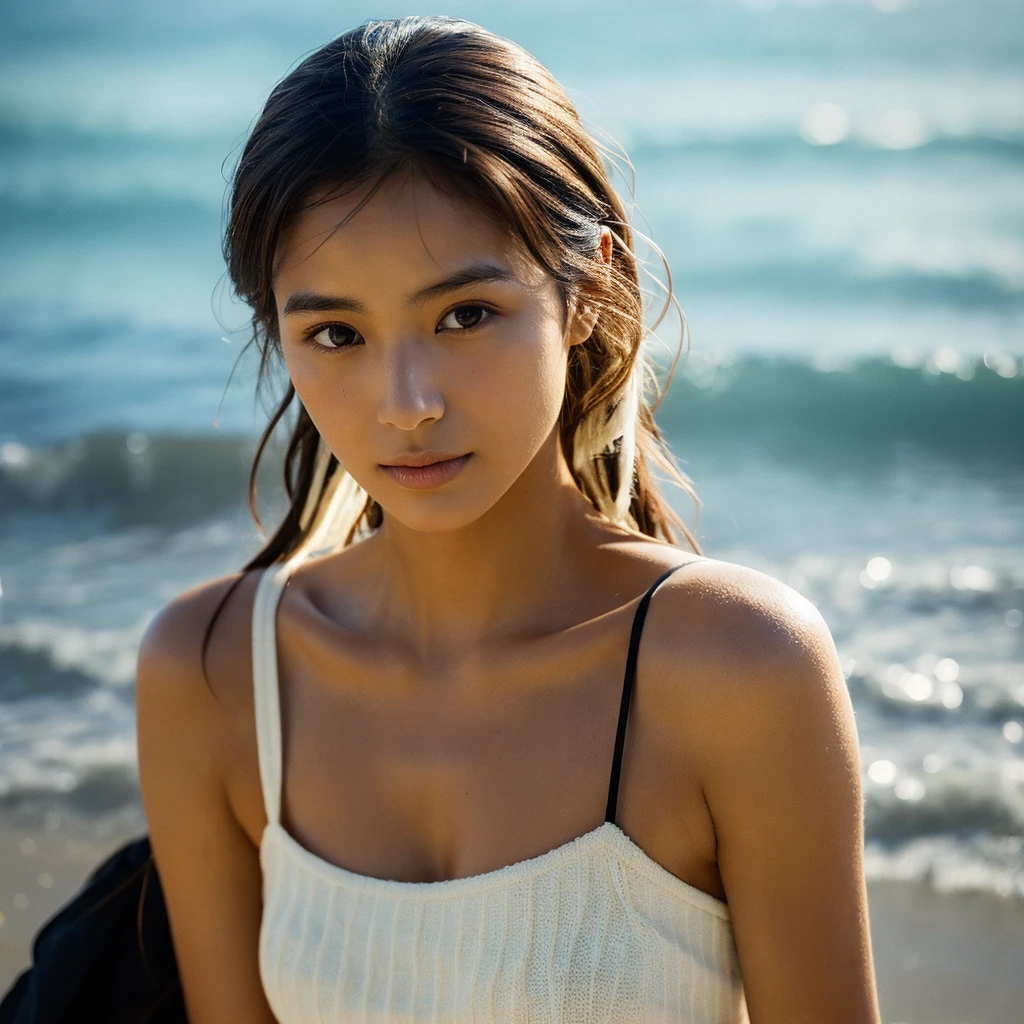 A hyper-realistic image of a single Japanese woman in her early 20s, captured with the nostalgic warmth and pronounced graininess of a film camera, showing her from the shoulders up as she stands on a sunlit beach. Her skin has a warm beige tone with a natural, visibly rough texture that includes pronounced pores, fine lines, and subtle imperfections such as small blemishes, slight unevenness, and a hint of sun exposure, contributing to the authenticity of her appearance. The texture of her skin is intentionally less smooth, with a tangible roughness that enhances the realism, making the surface appear slightly weathered by the elements. The soft, diffused natural light illuminates her face and shoulders with a gentle touch, casting shadows that subtly reveal the unevenness of her skin. Her straight, glossy black hair flows naturally in the ocean breeze, framing her face, and her deep brown eyes reflect the soft sunlight and the shimmering sea. The film camera effect amplifies the grain and texture, creating a warm, nostalgic atmosphere while maintaining the deliberately rougher, less polished texture of her skin. The composition, focused on her upper body, captures the serene elegance of the beach setting, highlighting the natural interaction of light and shadow on her skin. This combination of a rough, realistic skin texture, soft natural light, and the grainy film-like qualities ensures that the image presents an authentic, lifelike portrayal of the woman, centered on her face and shoulders.