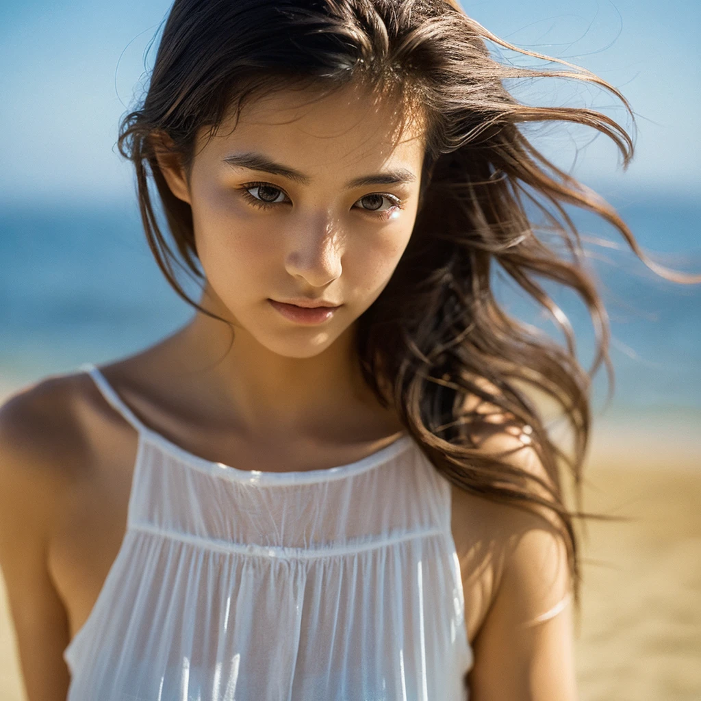 A hyper-realistic image of a single Japanese woman in her early 20s, captured with the nostalgic warmth and pronounced graininess of a film camera, showing her from the shoulders up as she stands on a sunlit beach. Her skin has a warm beige tone with a natural, visibly rough texture that includes pronounced pores, fine lines, and subtle imperfections such as small blemishes, slight unevenness, and a hint of sun exposure, contributing to the authenticity of her appearance. The texture of her skin is intentionally less smooth, with a tangible roughness that enhances the realism, making the surface appear slightly weathered by the elements. The soft, diffused natural light illuminates her face and shoulders with a gentle touch, casting shadows that subtly reveal the unevenness of her skin. Her straight, glossy black hair flows naturally in the ocean breeze, framing her face, and her deep brown eyes reflect the soft sunlight and the shimmering sea. The film camera effect amplifies the grain and texture, creating a warm, nostalgic atmosphere while maintaining the deliberately rougher, less polished texture of her skin. The composition, focused on her upper body, captures the serene elegance of the beach setting, highlighting the natural interaction of light and shadow on her skin. This combination of a rough, realistic skin texture, soft natural light, and the grainy film-like qualities ensures that the image presents an authentic, lifelike portrayal of the woman, centered on her face and shoulders.