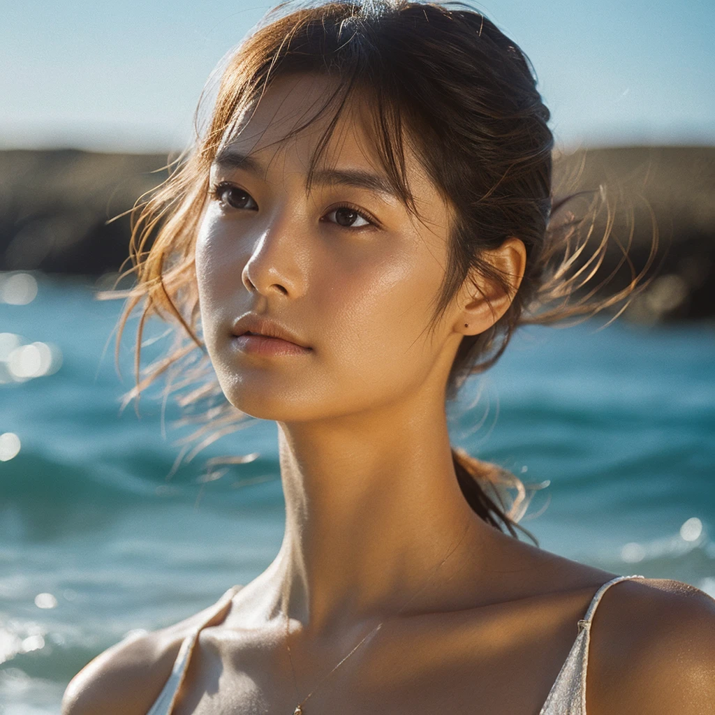 A hyper-realistic image of a single Japanese woman in her early 20s, captured with the nostalgic warmth and pronounced graininess of a film camera, showing her from the shoulders up as she stands on a sunlit beach. Her skin has a warm beige tone with a natural, visibly rough texture that includes pronounced pores, fine lines, and subtle imperfections such as small blemishes, slight unevenness, and a hint of sun exposure, contributing to the authenticity of her appearance. The texture of her skin is intentionally less smooth, with a tangible roughness that enhances the realism, making the surface appear slightly weathered by the elements. The soft, diffused natural light illuminates her face and shoulders with a gentle touch, casting shadows that subtly reveal the unevenness of her skin. Her straight, glossy black hair flows naturally in the ocean breeze, framing her face, and her deep brown eyes reflect the soft sunlight and the shimmering sea. The film camera effect amplifies the grain and texture, creating a warm, nostalgic atmosphere while maintaining the deliberately rougher, less polished texture of her skin. The composition, focused on her upper body, captures the serene elegance of the beach setting, highlighting the natural interaction of light and shadow on her skin. This combination of a rough, realistic skin texture, soft natural light, and the grainy film-like qualities ensures that the image presents an authentic, lifelike portrayal of the woman, centered on her face and shoulders.