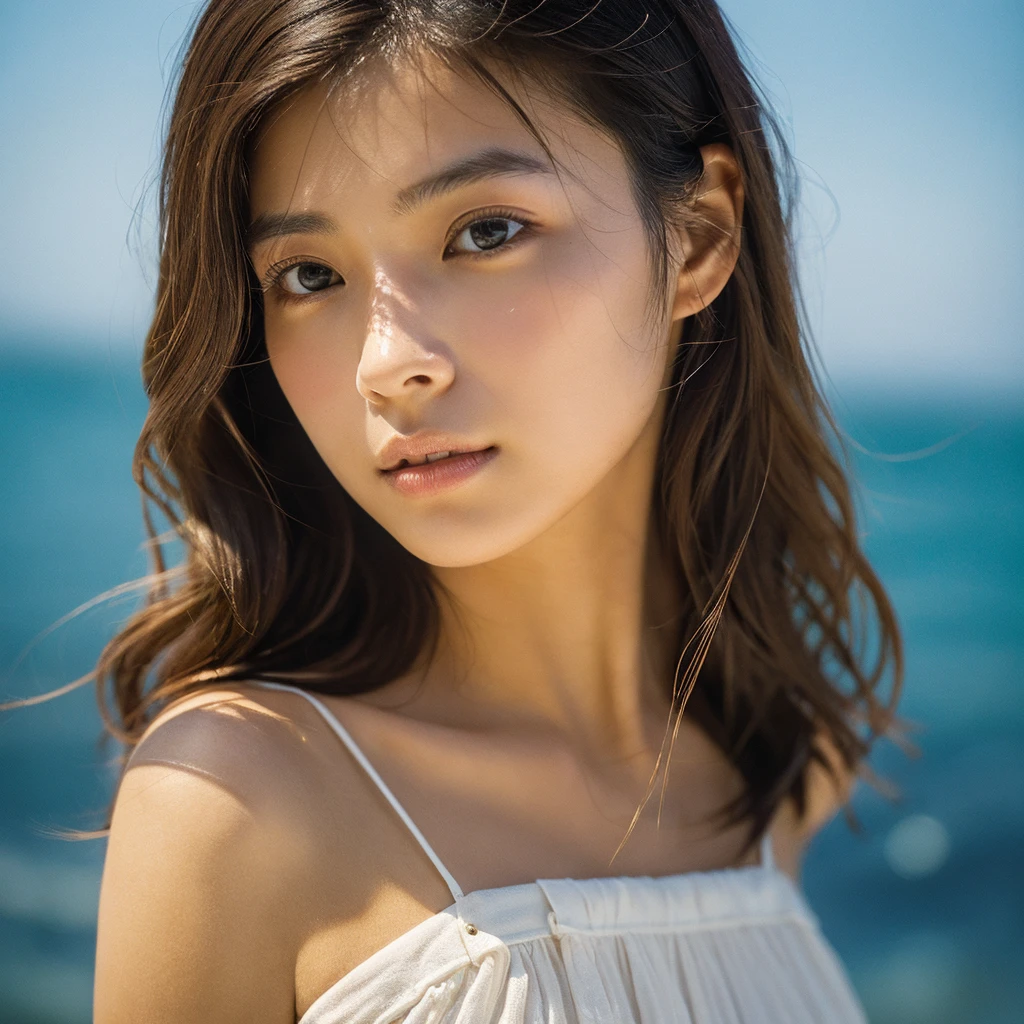 A hyper-realistic image of a single Japanese woman in her early 20s, captured with the nostalgic warmth and pronounced graininess of a film camera, showing her from the shoulders up as she stands on a sunlit beach. Her skin has a warm beige tone with a natural, visibly rough texture that includes pronounced pores, fine lines, and subtle imperfections such as small blemishes, slight unevenness, and a hint of sun exposure, contributing to the authenticity of her appearance. The texture of her skin is intentionally less smooth, with a tangible roughness that enhances the realism, making the surface appear slightly weathered by the elements. The soft, diffused natural light illuminates her face and shoulders with a gentle touch, casting shadows that subtly reveal the unevenness of her skin. Her straight, glossy black hair flows naturally in the ocean breeze, framing her face, and her deep brown eyes reflect the soft sunlight and the shimmering sea. The film camera effect amplifies the grain and texture, creating a warm, nostalgic atmosphere while maintaining the deliberately rougher, less polished texture of her skin. The composition, focused on her upper body, captures the serene elegance of the beach setting, highlighting the natural interaction of light and shadow on her skin. This combination of a rough, realistic skin texture, soft natural light, and the grainy film-like qualities ensures that the image presents an authentic, lifelike portrayal of the woman, centered on her face and shoulders.
