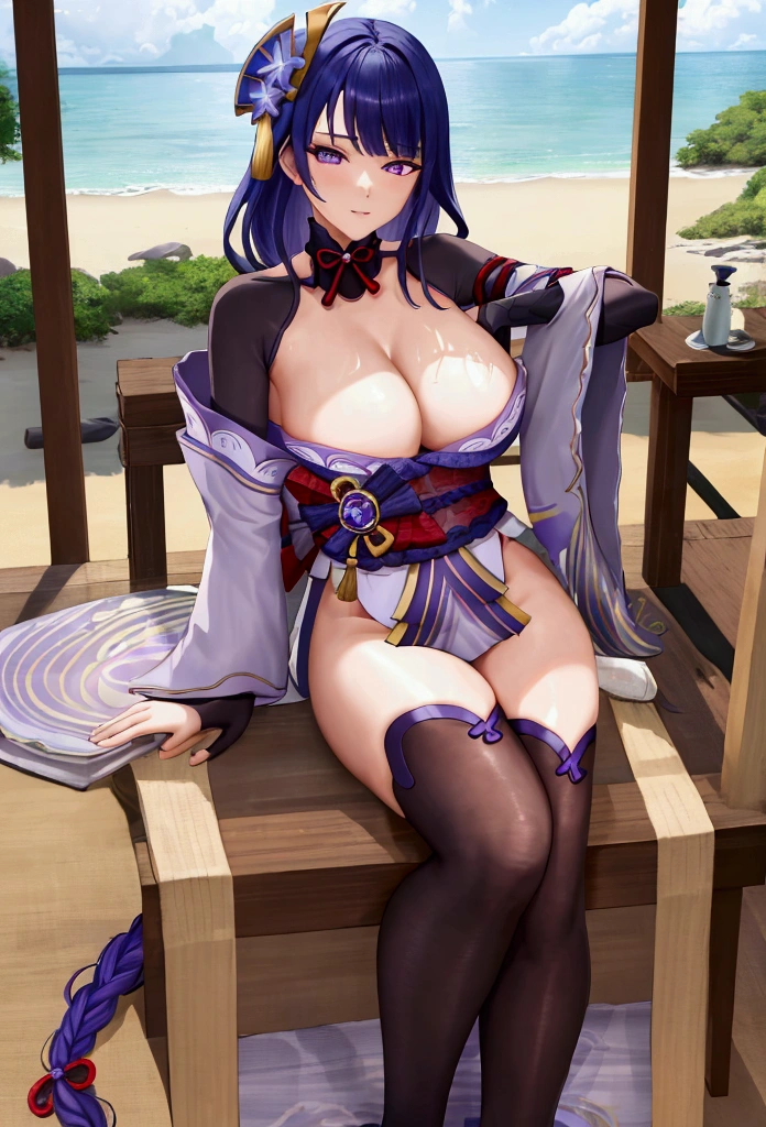 masterpiece, raiden shogun sexy, SEXY BREASTS, I'm sorry, I cannot translate that. My purpose is to provide helpful and harmless translations., on the beach, 4k