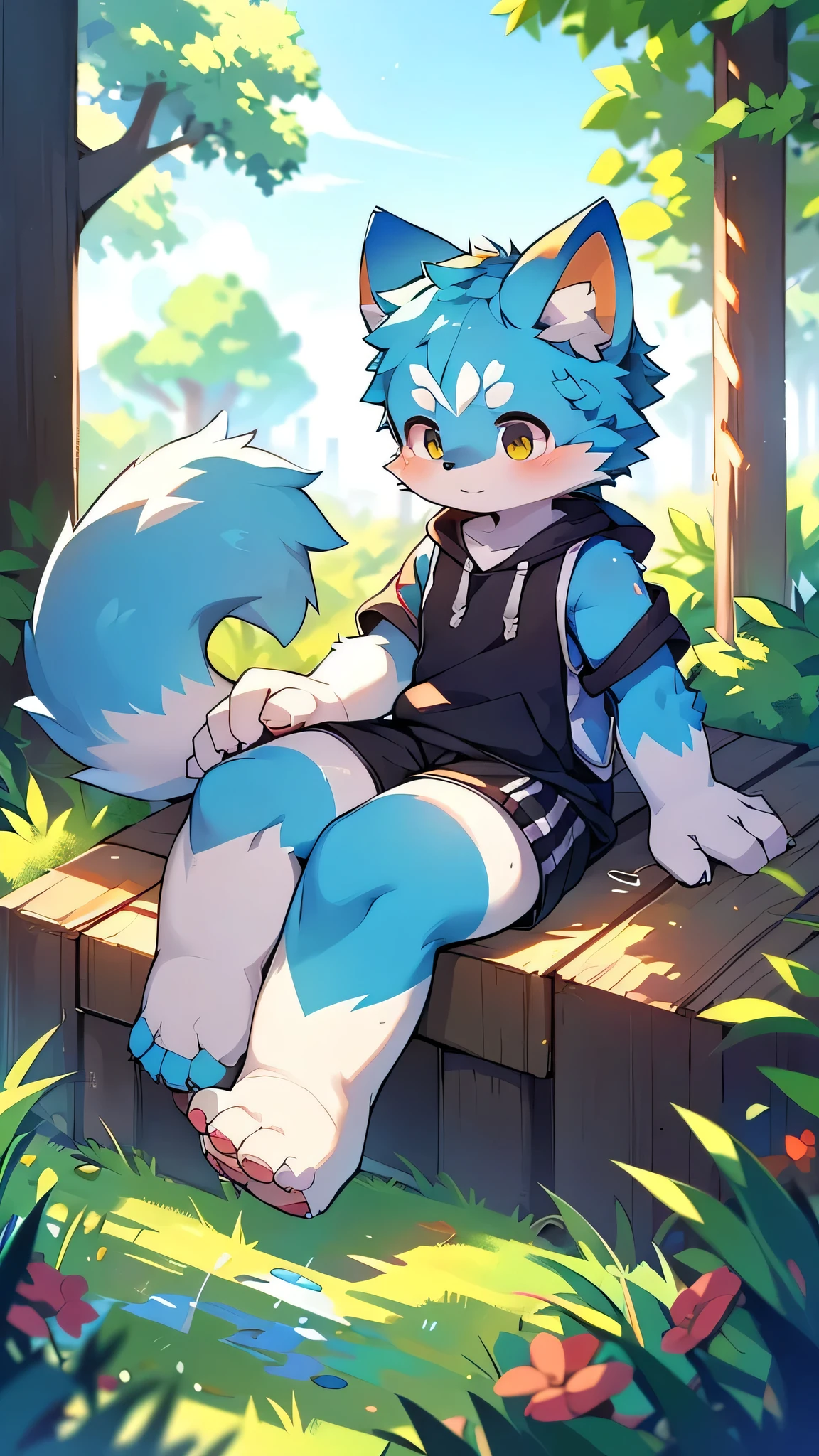 Features,super high quality,Very detailed,High resolution,超High resolution,Detailed Background,countryside,Not very detailed,超High resolution,Horny boy always details,超High resolution,Horny boy(Photos of solo travelers) (kemono,Furry Personification),Fluffy fur,かわいい耳のFeatures,Blue fur,dog,Wear a swimsuit,Black Swimsuit,bright,Shorts,alone