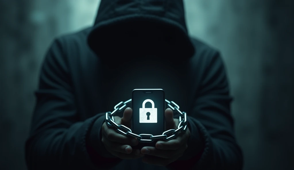 Create an intriguing image that evokes a sense of mystery and urgency. Use a dark or blurred background to create dramatic contrast. At the center, place a cell phone partially covered by a shadow, with a padlock or chain around it, suggesting that it is at risk. Add visual elements that convey protection or security, like a shield or an aura of light, but keep the focus on the vulnerability aspect. Avoid texts; let the image speak for itself and arouse curiosity about cell phone security.