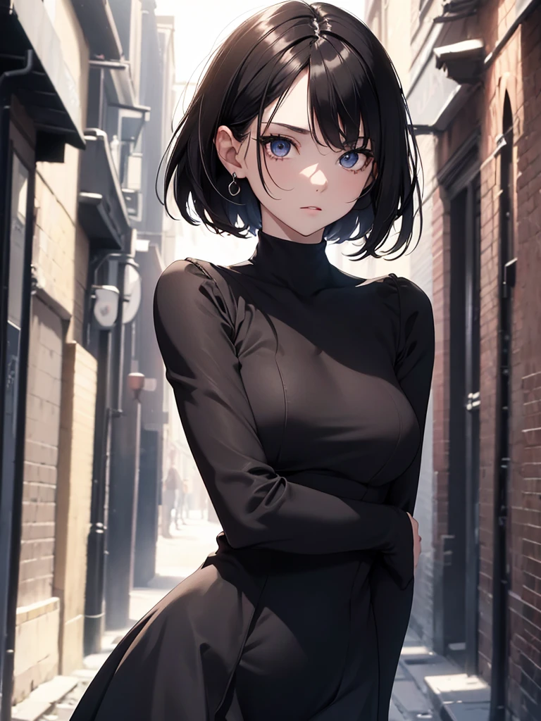 (8K, Best Quality, Masterpiece, Ultra High Resolution) Single Person, 1 Girl, Cute Eyes, Face Details, Pale Skin, Slender, Black Hair, Slender Body, Short Hair, Brown Eyes, Wearing Tight Black Dress, Dark Alleyway, Best Quality, Upper Body, Looking at the Viewer, Facing Viewer, Close Up