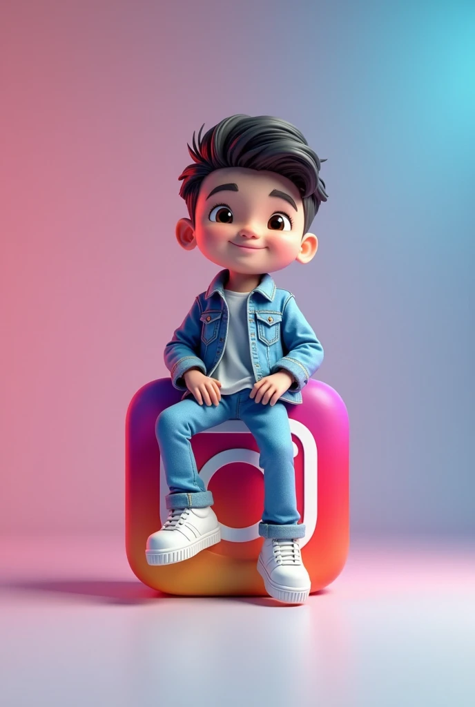 create a 3D illustration of an animated character sitting casually of a social media logo "Instagram" .The character must wear casual modern clotting such as jeans jacket and sneakers.The background of the image in a social media profile page with a user name "zahidawan.20" and profile picture that mach.