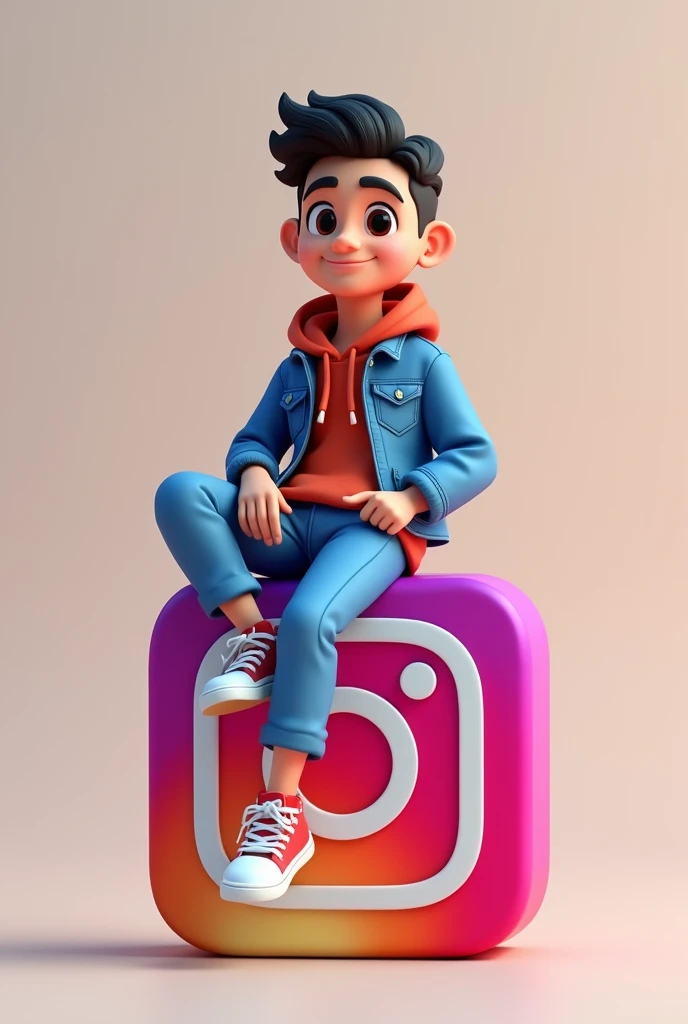 create a 3D illustration of an animated character sitting casually of a social media logo "Instagram" .The character must wear casual modern clotting such as jeans jacket and sneakers.The background of the image in a social media profile page with a user name "zahidawan.20" and profile picture that mach.