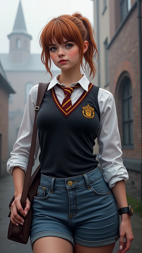 An illustrated movie poster, hand-drawn, full color,( a teenage Hogwarts student:1.4) ,(falda student corto plomo :1.4), 18-years-old, female, wearing a charcoal vest and a pleated skirt, athletic hourglass figure, full wide hips, massive round butt, long shapely legs, ridiculously thick powerful thighs, vibrant eyes, deep dark auburn hair, thick shaggy bangs, flushed sun-kissed complexion, freckles, resembles Genevieve O'Reilly, standing in a foggy Hogwarts courtyard, surrounded by mist, graphite shading, stencil marks, airbrushed acrylic paint, masterpiece, close-up shot, in the style of the Deathly Hallows, high quality, (RAW photo, best quality), (realistic, photorealistic: 1.4), (extremely delicate and beautiful: 1.4), amazing, fine details, masterpiece, ultra detailed, high resolution, best illustration, best shadow, intricate, ( extremely intricate: 1.2), (exquisitely detailed skin), cinematic light, perfect anatomy, (cool color: 1.4), sharp focus, 8k UHD, DSLR, (Fujifilm XT3),(iluminación cinematográfica :1.4),( Hermione Granger:1.4), (Emma Watson: V2.1)