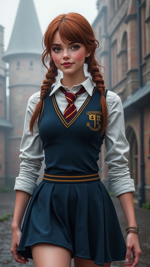 An illustrated movie poster, hand-drawn, full color,( a teenage Hogwarts student:1.4) ,(falda student corto plomo :1.4), 18-years-old, female, wearing a charcoal vest and a pleated skirt, athletic hourglass figure, full wide hips, massive round butt, long shapely legs, ridiculously thick powerful thighs, vibrant eyes, deep dark auburn hair, thick shaggy bangs, flushed sun-kissed complexion, freckles, resembles Genevieve O'Reilly, standing in a foggy Hogwarts courtyard, surrounded by mist, graphite shading, stencil marks, airbrushed acrylic paint, masterpiece, close-up shot, in the style of the Deathly Hallows, high quality, (RAW photo, best quality), (realistic, photorealistic: 1.4), (extremely delicate and beautiful: 1.4), amazing, fine details, masterpiece, ultra detailed, high resolution, best illustration, best shadow, intricate, ( extremely intricate: 1.2), (exquisitely detailed skin), cinematic light, perfect anatomy, (cool color: 1.4), sharp focus, 8k UHD, DSLR, (Fujifilm XT3),(iluminación cinematográfica :1.4),( Hermione Granger:1.4), (Emma Watson: V2.1) 