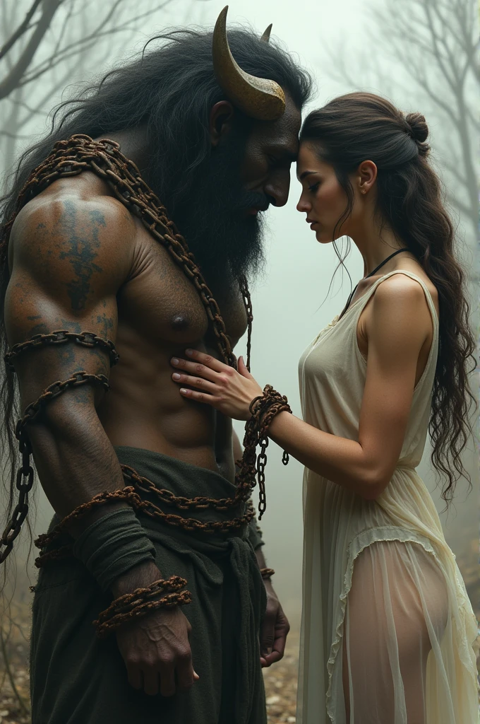 A buffalo man with a rusty old iron chain on his body and wearing a rusty old iron chain bracelet is holding the hand of a beautiful sexy woman in transparent clothing.