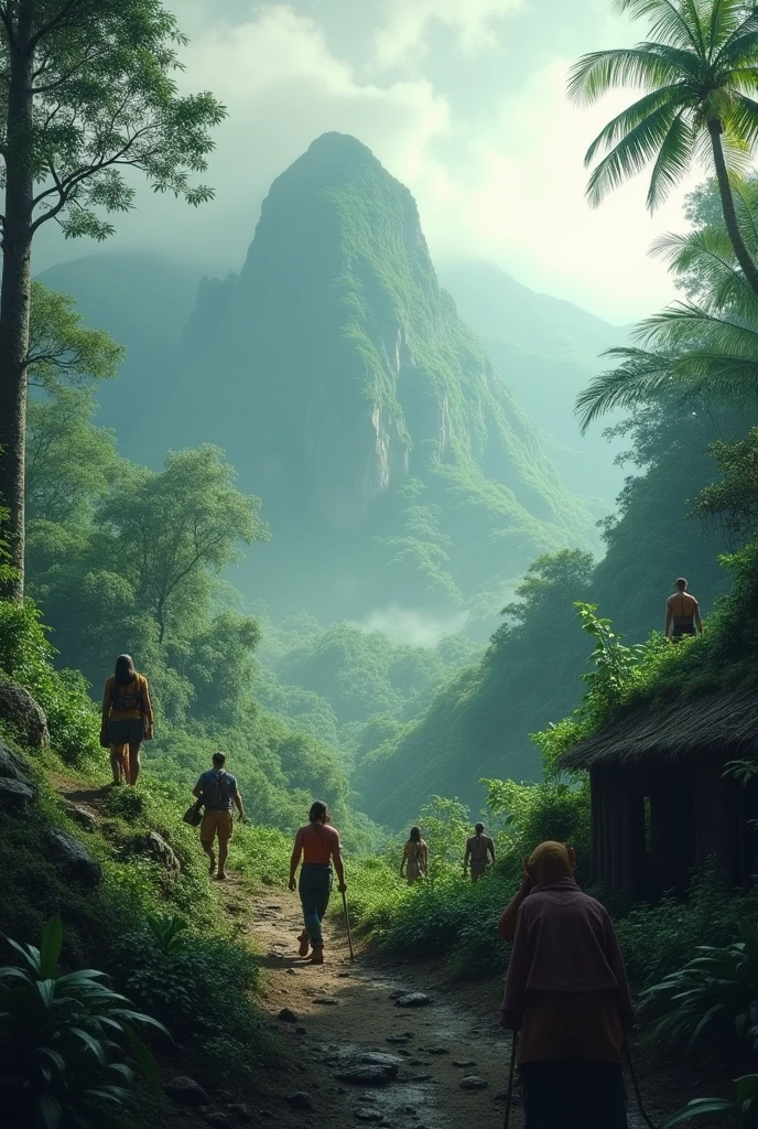 Landscape with humid mountains with people claiming