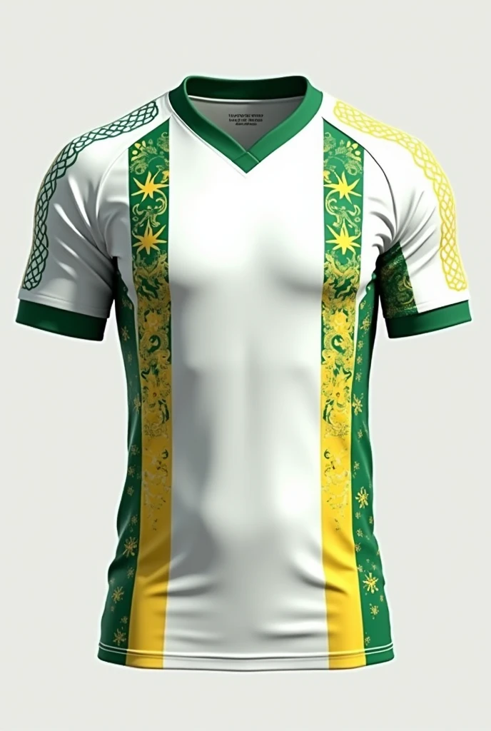 White football shirt, with vertical green and yellow color details, in the celtic or palm tree style