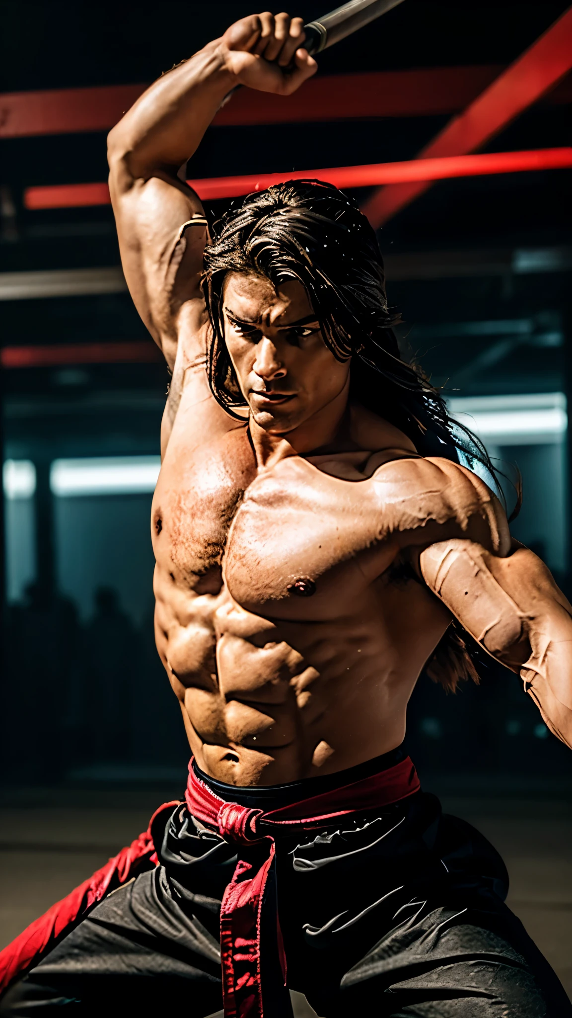 Fighting with two swords, Samurai, Stretch your arms, Realist:1.3,( fPhoto, Realist, 8k, RAW Photos, Premium Quality, masterpiece, Great lighting, Centered Images), (Dynamic Movement, Dynamic fighting,), (2 katana), whole body, (Disheveled brown long hair), (Handsome Japanese young man, Beautiful Face, have confidence、Trained muscles., Wildman and his body with perfect details), cyber punk, Warrior, Tokyo, Shibuya Ward,