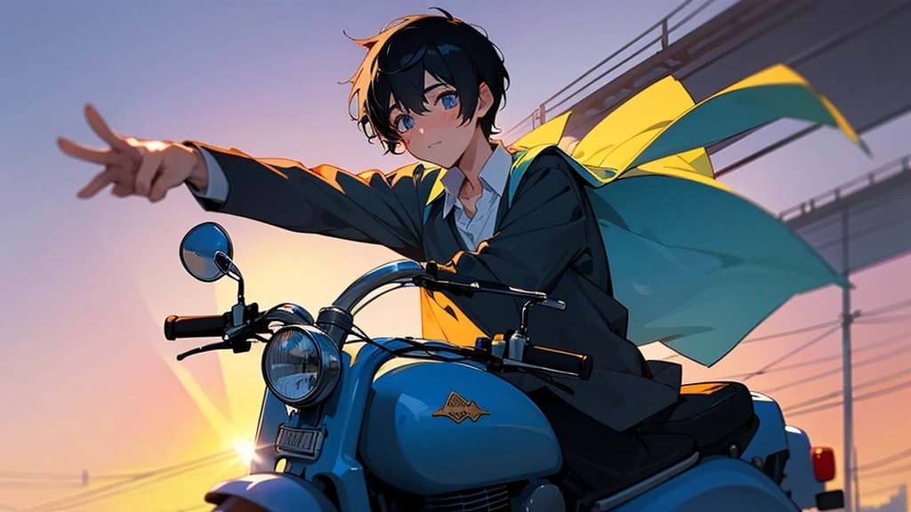 A very cool high school boy in a school uniform、Black Hair、Short Hair、Blue sparkling eyes、On the way home from school, you can see the sunset、blush、One person、solo、Retro anime style