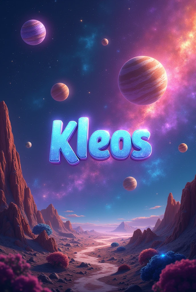 Galaxy background with planets with the name Kleos in the middle with cute typography
