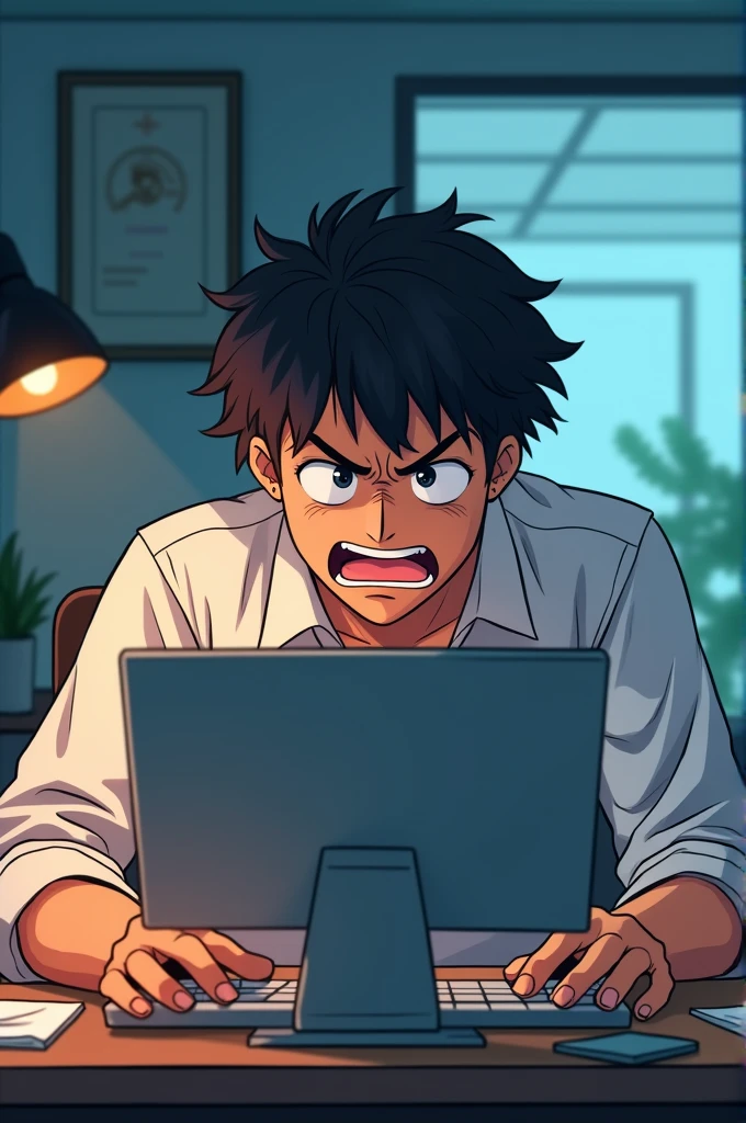 Frustrated young man in front of computer, アニメ