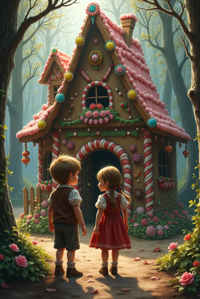 PICTURE REALISTIC, Hansel and Gretel in the Witch's Candy House, PICTURE REALISTIC bem detalhada, house made of sweets