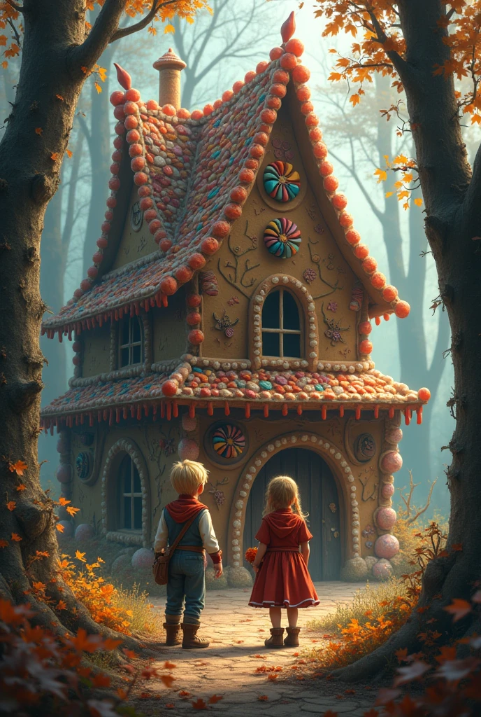 PICTURE REALISTIC, Hansel and Gretel in the Witch&#39;s Candy House, PICTURE REALISTIC bem detalhada, house made of sweets