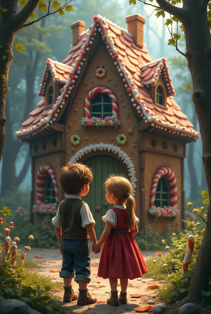 PICTURE REALISTIC, Hansel and Gretel in the Witch&#39;s Candy House, PICTURE REALISTIC bem detalhada, house made of sweets