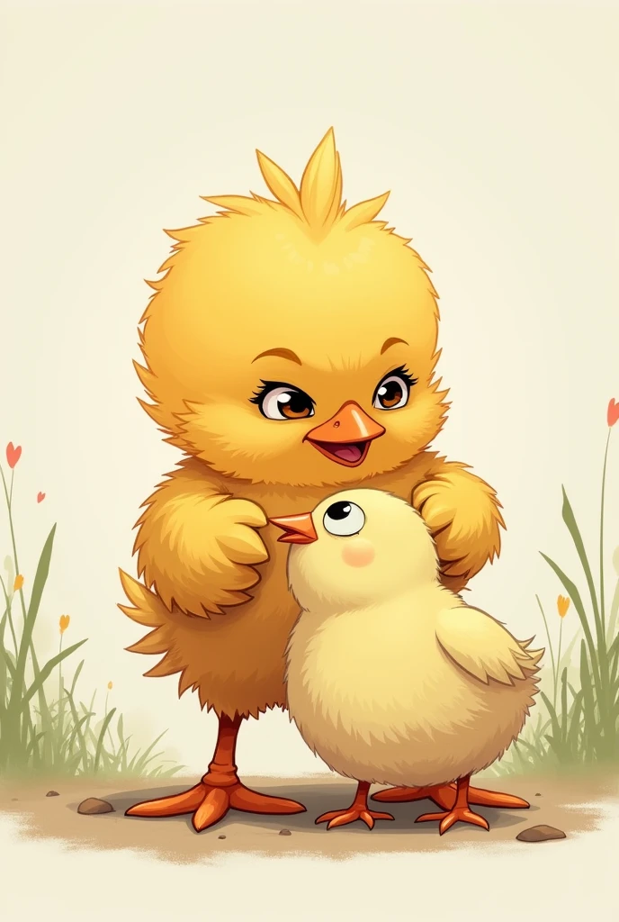 A cute but angry chick defeating another chick standing on it