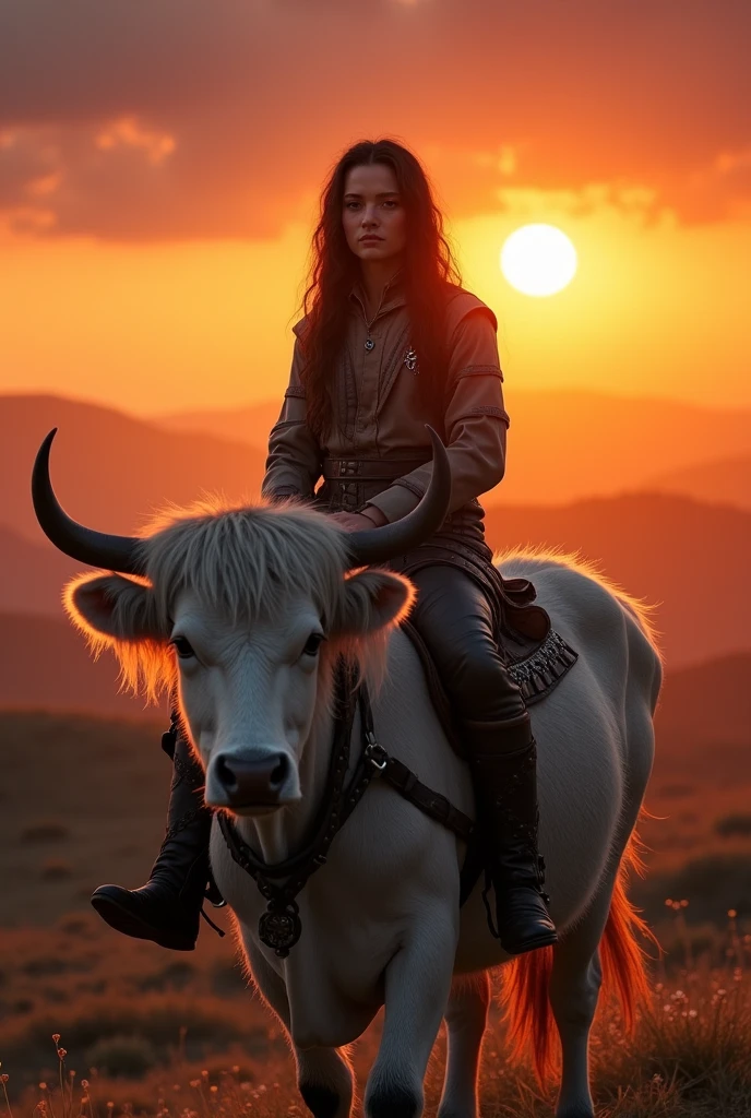 (photorealism:1.2), Limur Tempest, riding a cow, facing the camera, orange sun  on the horizon at sundown
