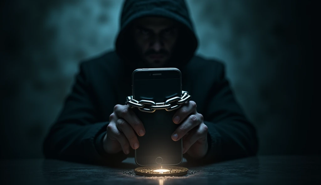 Create an intriguing image that evokes a sense of mystery and urgency. Use a dark or blurred background to create dramatic contrast. At the center, place a cell phone partially covered by a shadow, with a padlock or chain around it, suggesting that it is at risk. Add visual elements that convey protection or security, like a shield or an aura of light, but keep the focus on the vulnerability aspect. Avoid texts; let the image speak for itself and arouse curiosity about cell phone security.
