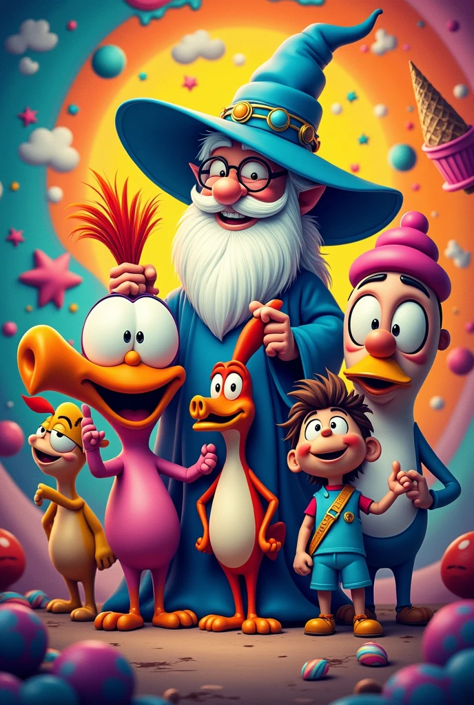 a poster with these gandalf characters, o texugo do picapau, gumball, Super shock, uncle grandpa and ice cream

